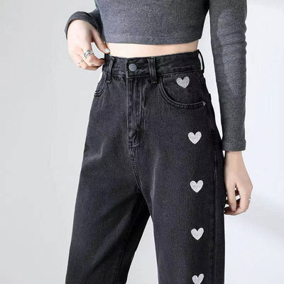 Avelena | Hosen Bequeme Denim Hose mit Weitem Bein und Romantischen Herzen