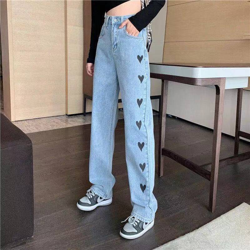 Avelena | Hosen Bequeme Denim Hose mit Weitem Bein und Romantischen Herzen