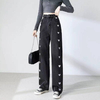 Avelena | Hosen Bequeme Denim Hose mit Weitem Bein und Romantischen Herzen