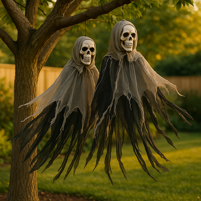 Gruseliger Totenkopf als Halloween-Hängedeko – Totenkopfkopf mit Stoff für gruselige Atmosphäre