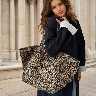 OLIVIA'S STYLISH BLACK TOTE – VINTAGE LEOPARD CANVAS BAG