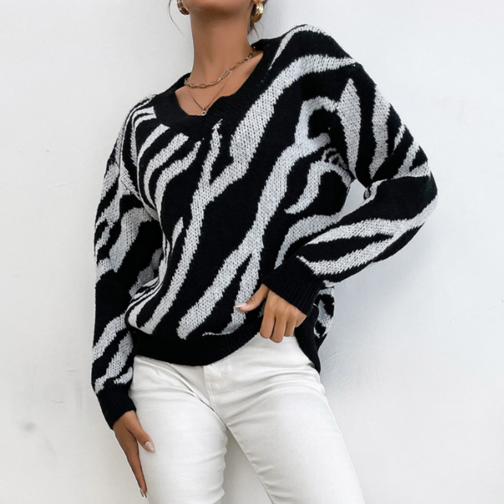 Zebra-Strickpullover mit V-Ausschnitt | Musterdesign | Komfortabel & Stylisch