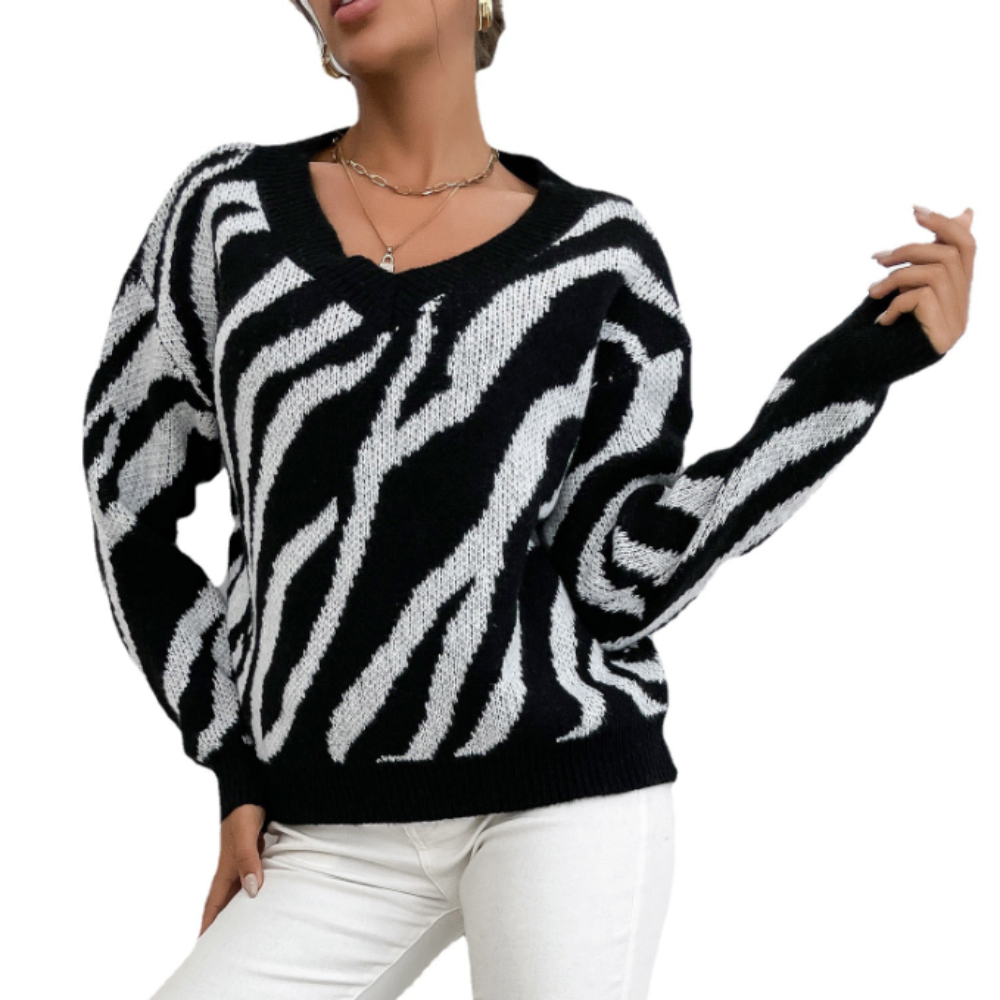Zebra-Strickpullover mit V-Ausschnitt | Musterdesign | Komfortabel & Stylisch