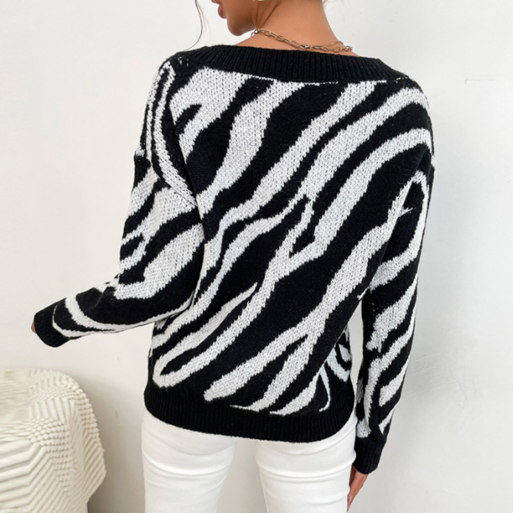 Zebra-Strickpullover mit V-Ausschnitt | Musterdesign | Komfortabel & Stylisch