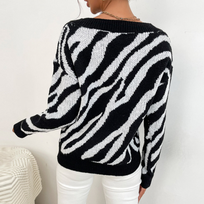 Zebra-Strickpullover mit V-Ausschnitt | Musterdesign | Komfortabel & Stylisch