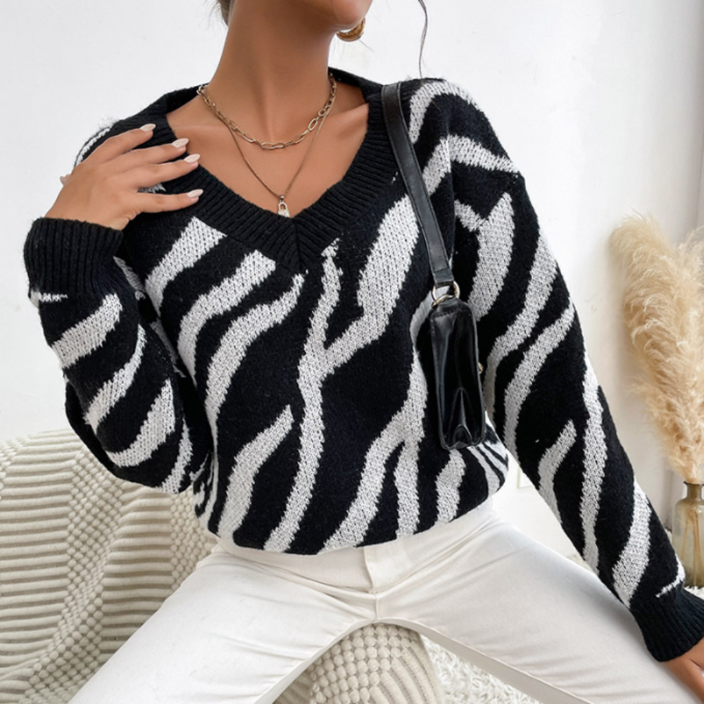 Zebra-Strickpullover mit V-Ausschnitt | Musterdesign | Komfortabel & Stylisch