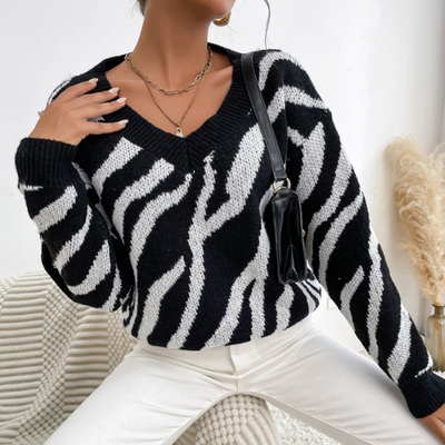 Zebra-Strickpullover mit V-Ausschnitt | Musterdesign | Komfortabel & Stylisch