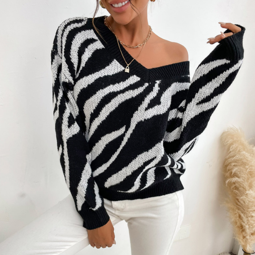 Zebra-Strickpullover mit V-Ausschnitt | Musterdesign | Komfortabel & Stylisch