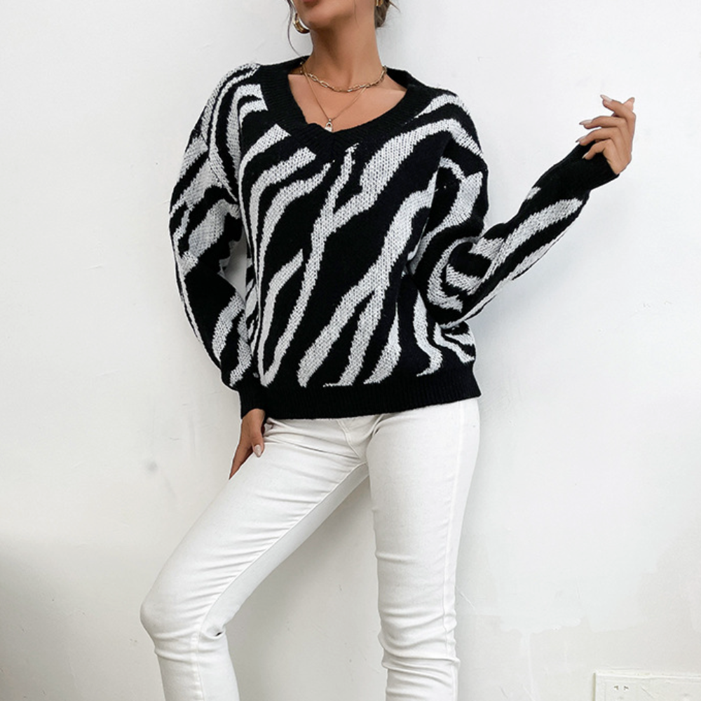 Zebra-Strickpullover mit V-Ausschnitt | Musterdesign | Komfortabel & Stylisch