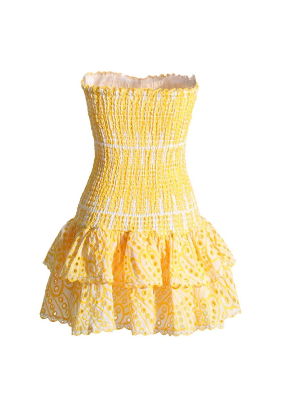 Schulterfreies Minikleid | Smock-Design & Lochstickerei | Sommerliche Leichtigkeit