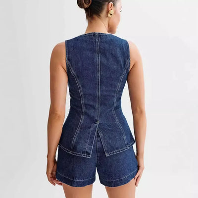 Elena | Stylisches Denim-Zweiteiler-Set mit Weste & Shorts