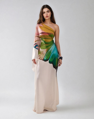 Flora – Handgemaltes Cremefarbenes Kleid