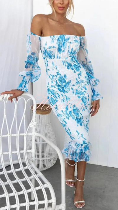 Romantisches Off-Shoulder Bodycon Kleid mit Blumenprint – Figurbetontes Midikleid in Rosa für Sommer & Events