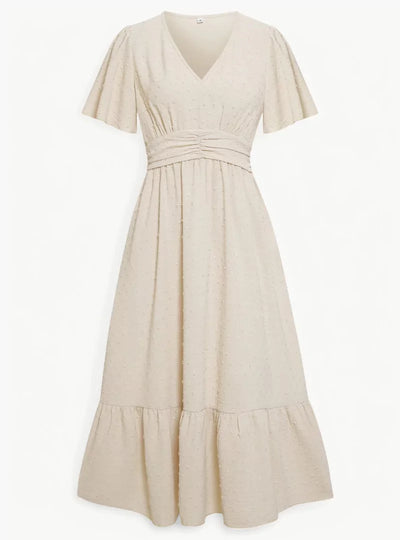Midi-Sommerkleid mit V-Ausschnitt und Taillenbetonung – Locker & Feminin