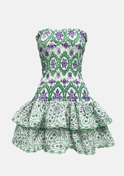 Schulterfreies Minikleid | Stickereidetails & Rüschensaum | Verspielte Eleganz