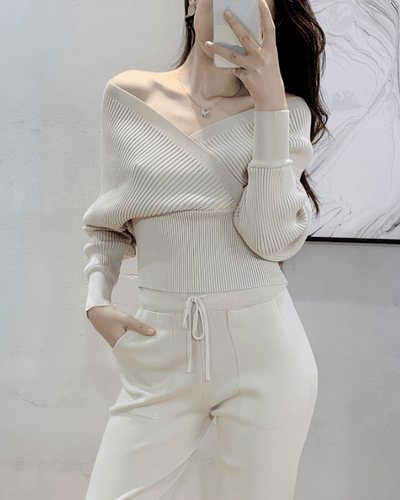 Avelena | Schulterfreies Strick-Top und Hosen-Set