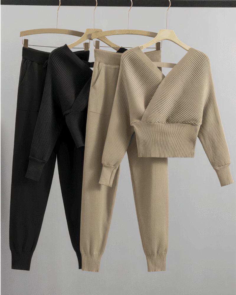 Avelena | Schulterfreies Strick-Top und Hosen-Set