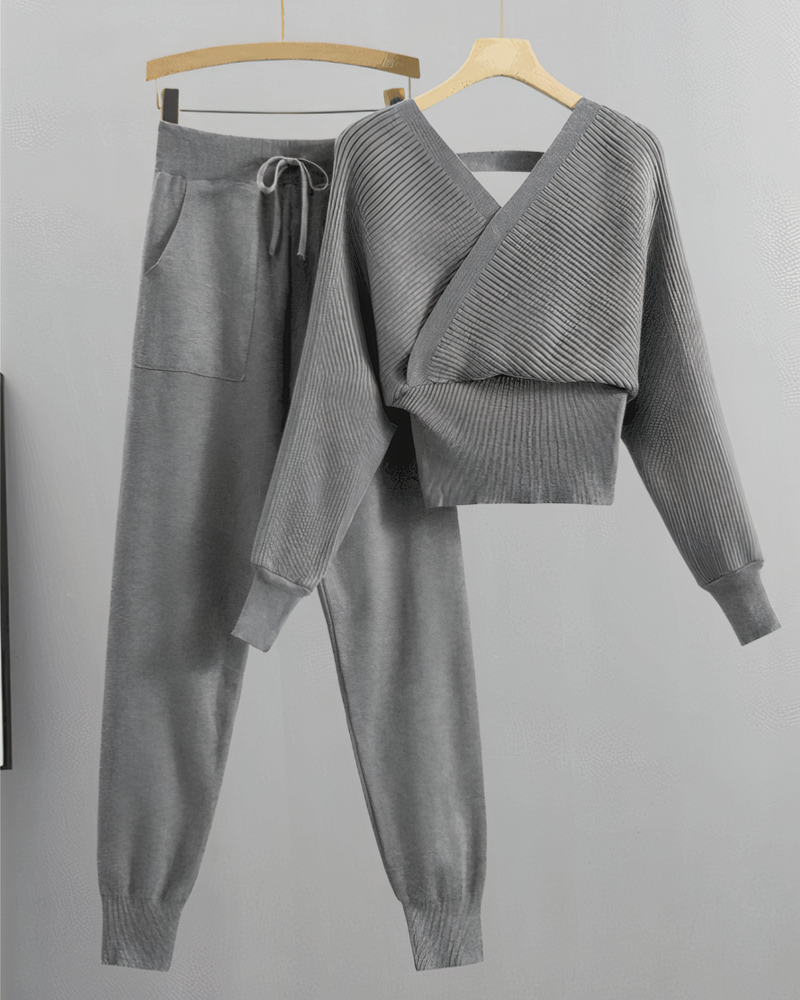 Avelena | Schulterfreies Strick-Top und Hosen-Set