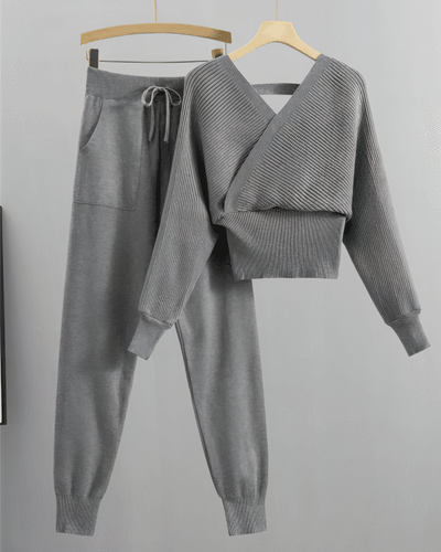 Avelena | Schulterfreies Strick-Top und Hosen-Set