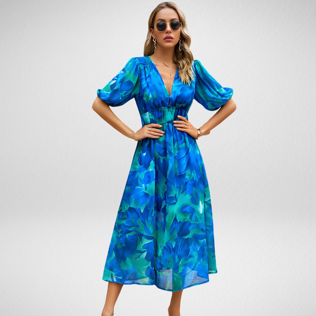 Maxikleid mit abstraktem Muster | Elegante Silhouette | Stilvolle Puffärmel
