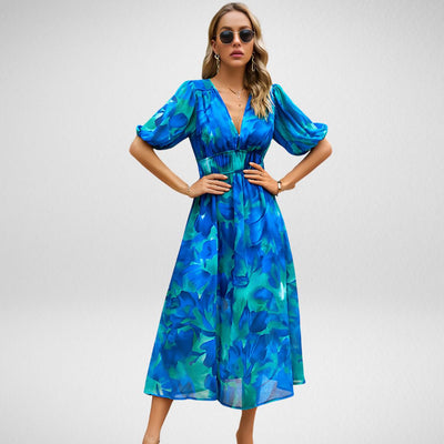 Maxikleid mit abstraktem Muster | Elegante Silhouette | Stilvolle Puffärmel