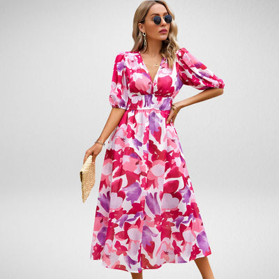 Maxikleid mit abstraktem Muster | Elegante Silhouette | Stilvolle Puffärmel
