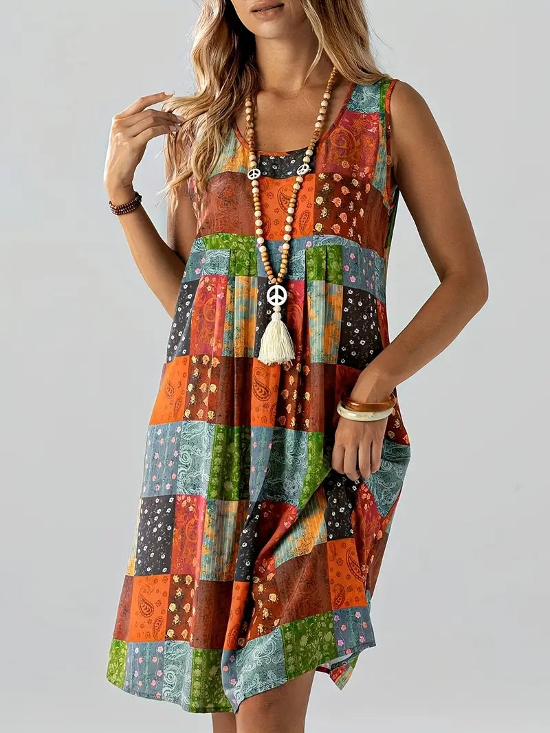 Lenivelle – Boho Patchwork-Ärmelloses Swing-Kleid