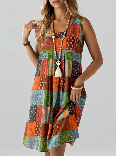Lenivelle – Boho Patchwork-Ärmelloses Swing-Kleid