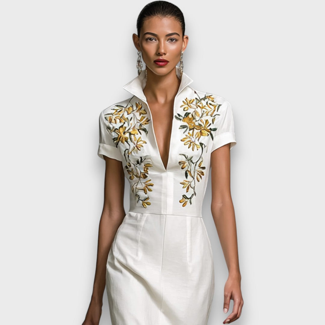 Evelora – Midi-Kleid mit Stickerei und V-Ausschnitt