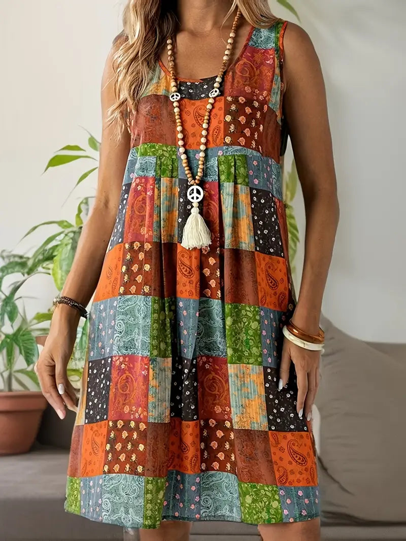 Lenivelle – Boho Patchwork-Ärmelloses Swing-Kleid