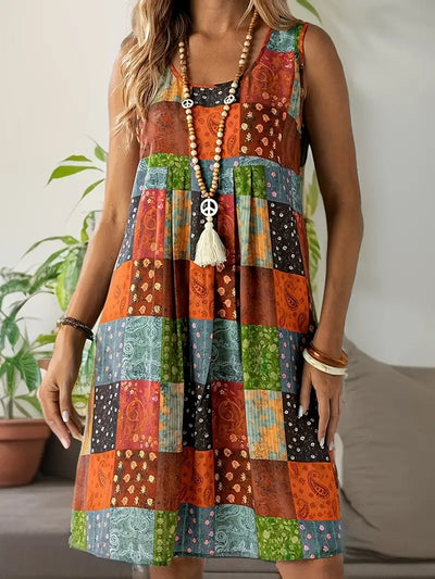 Lenivelle – Boho Patchwork-Ärmelloses Swing-Kleid