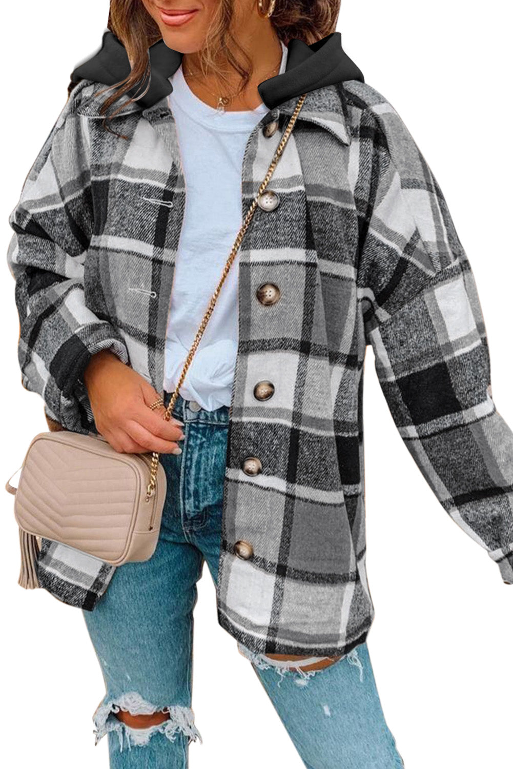 Kariertes Oversized-Hemdjacke | Kapuze & Knopfleiste | Lässiger Komfort