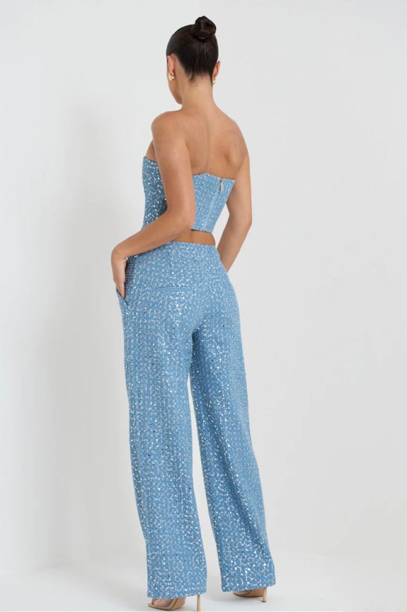 Avelena | Pailletten Denim Hosen Set