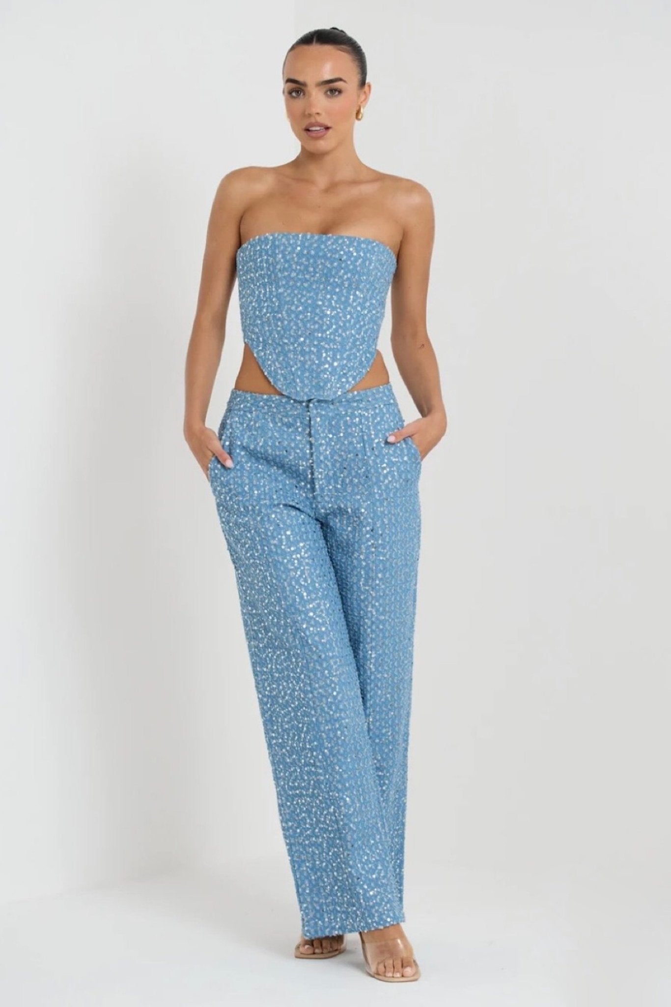 Avelena | Pailletten Denim Hosen Set