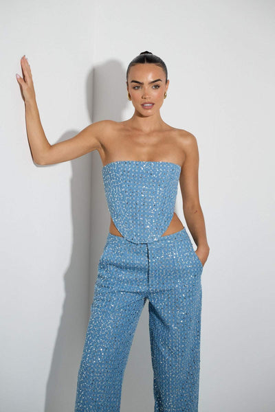 Avelena | Pailletten Denim Hosen Set