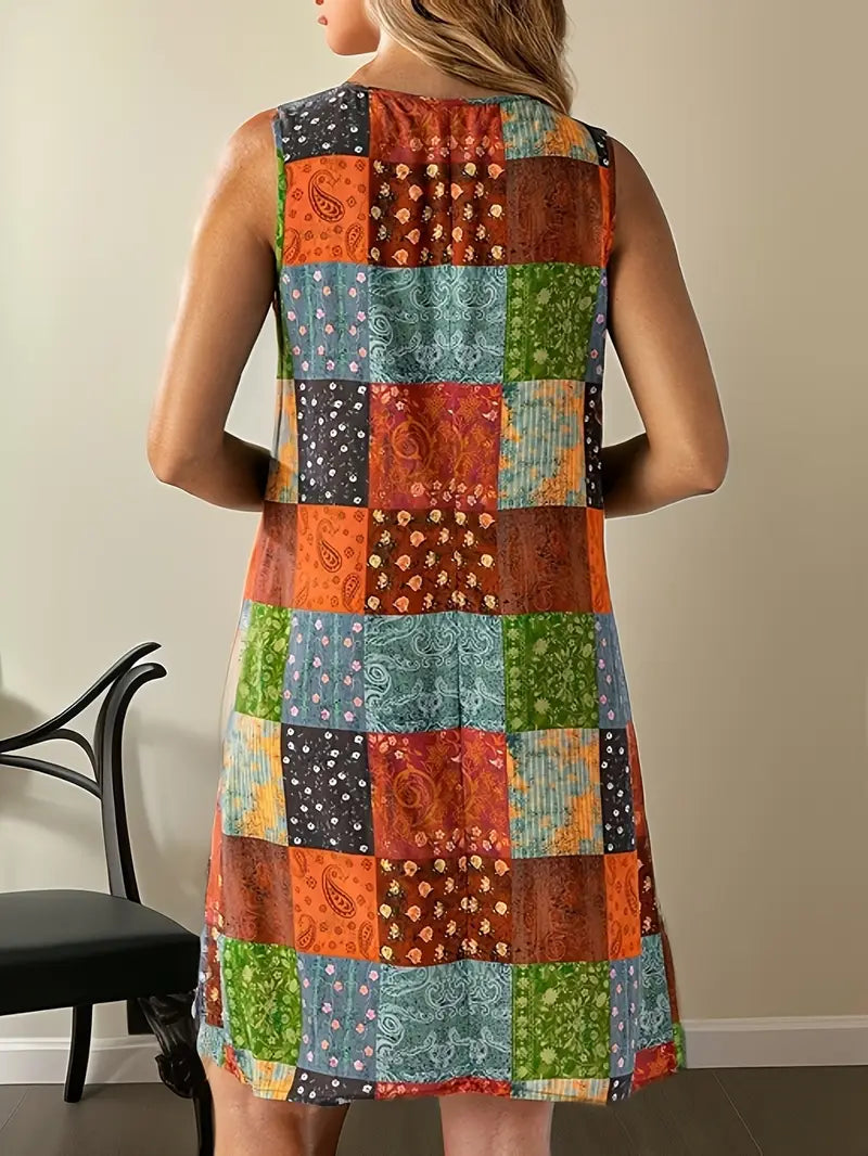 Lenivelle – Boho Patchwork-Ärmelloses Swing-Kleid