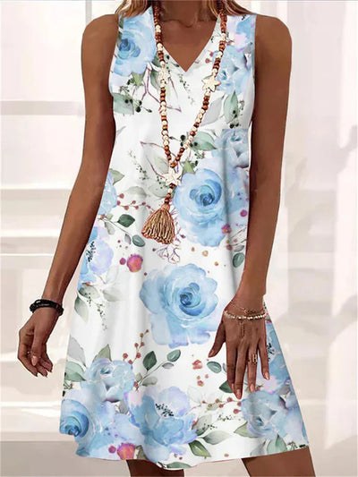 Elara – Klassisches Kleid mit V-Ausschnitt und Blumenmuster