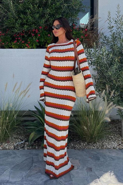 Avelena | Gewebtes Rückenfreies Maxi-Strickkleid mit Zickzackmuster