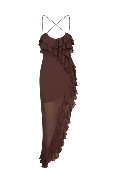 Avelena | Rüschen-Chiffon-Slip-Maxikleid mit Überkreuztem Ausschnitt