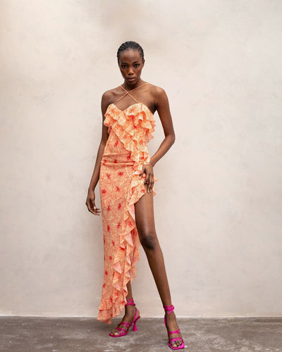 Avelena | Rüschen-Chiffon-Slip-Maxikleid mit Überkreuztem Ausschnitt