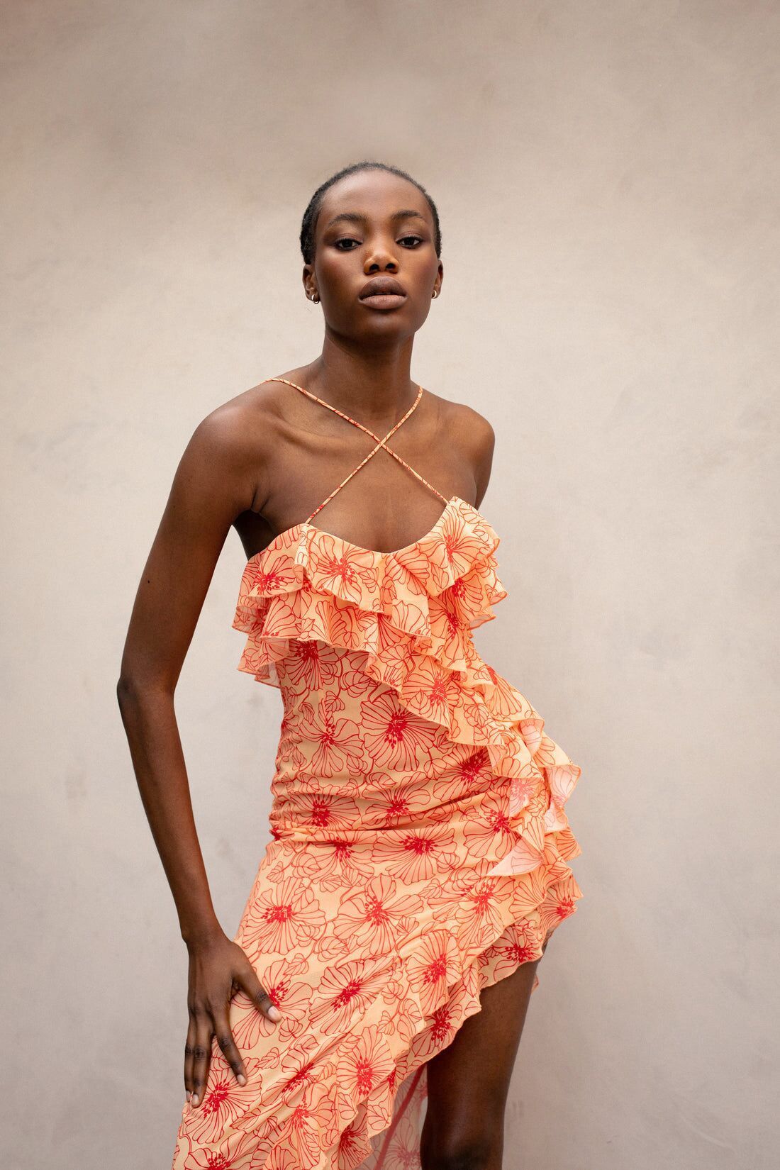 Avelena | Rüschen-Chiffon-Slip-Maxikleid mit Überkreuztem Ausschnitt