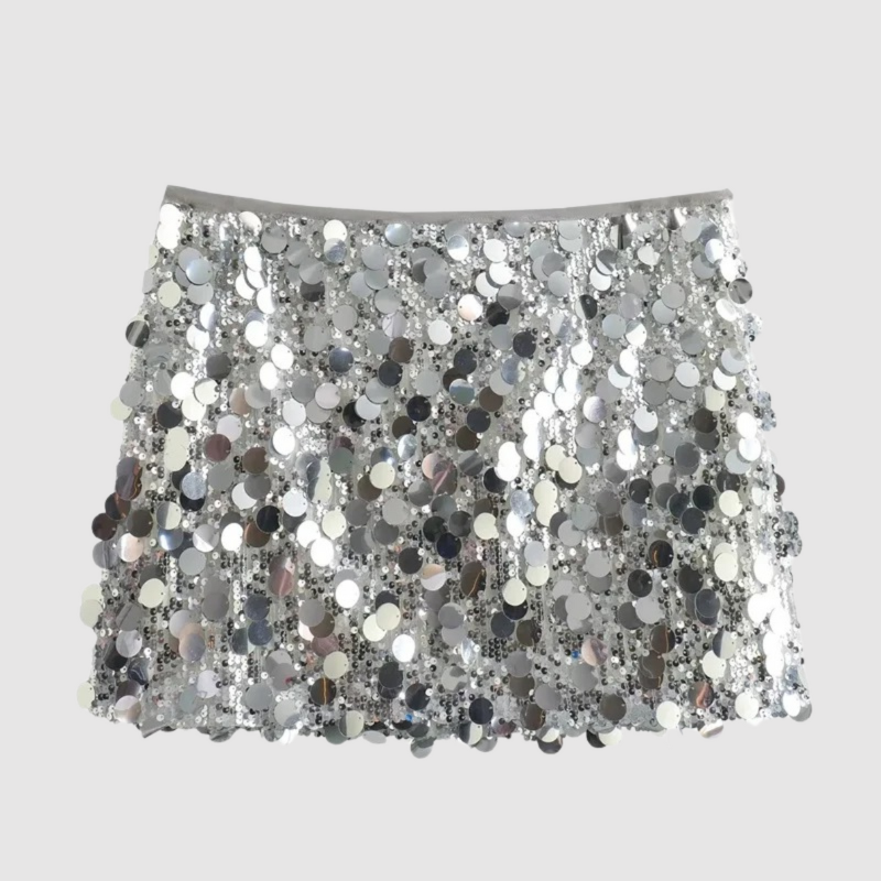 Kathy | Damen Pailletten Rock Silber | Kurz
