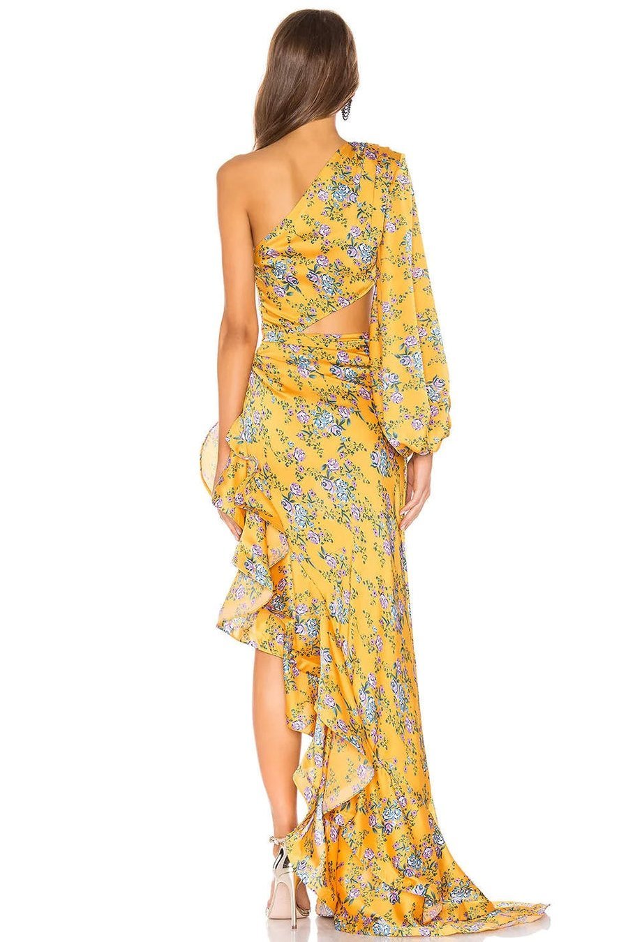 Avelena | Bedrucktes Asymmetrisches Maxikleid mit Rüschen