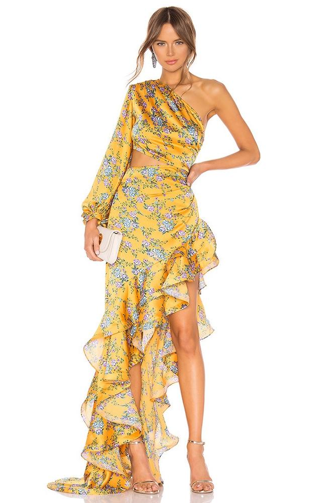 Avelena | Bedrucktes Asymmetrisches Maxikleid mit Rüschen