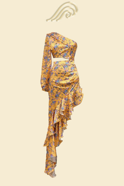 Avelena | Bedrucktes Asymmetrisches Maxikleid mit Rüschen