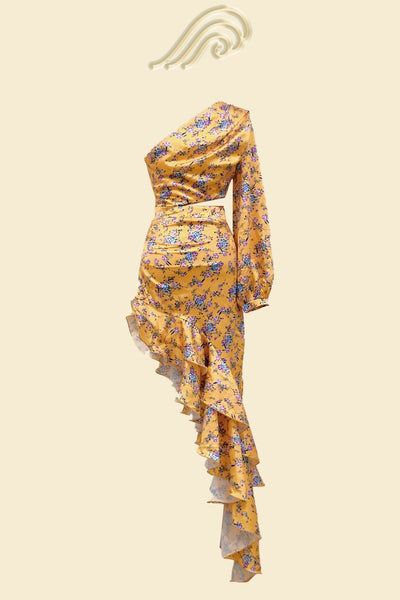 Avelena | Bedrucktes Asymmetrisches Maxikleid mit Rüschen