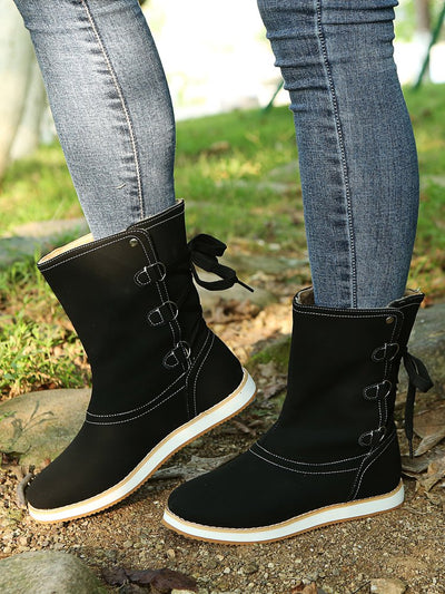 Avelena | Flache Stiefel mit Schnalle und Schnürverschluss