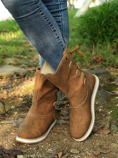 Avelena | Flache Stiefel mit Schnalle und Schnürverschluss