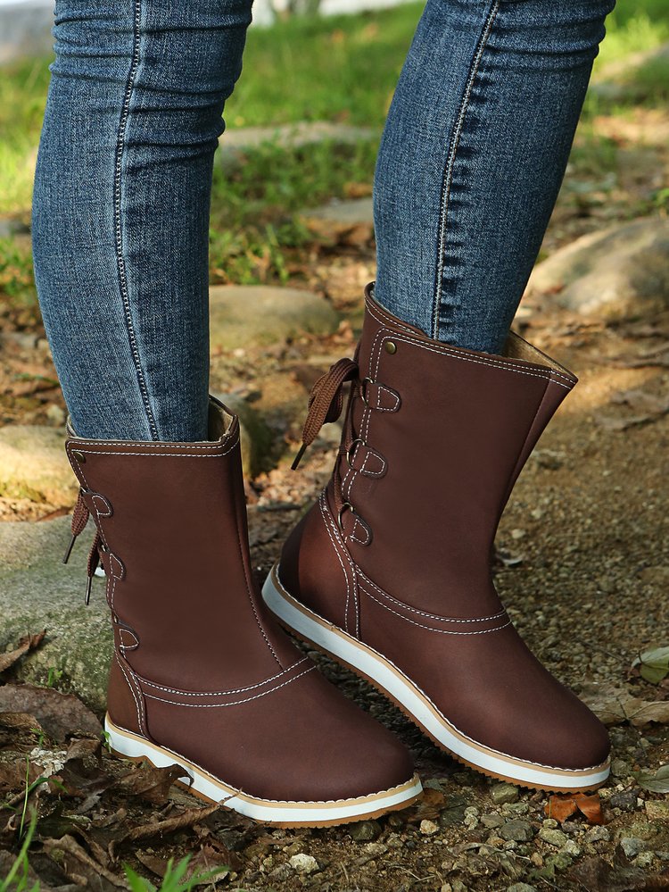 Avelena | Flache Stiefel mit Schnalle und Schnürverschluss