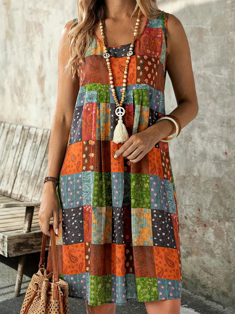 Lenivelle – Boho Patchwork-Ärmelloses Swing-Kleid